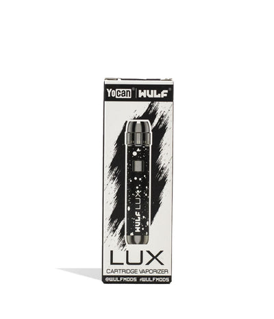 Black White Spatter Wulf Mods LUX Cartridge Vaporizer Packaging Front View on White Background