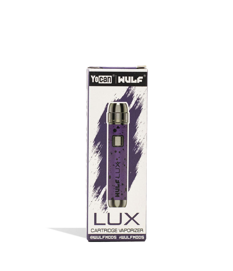 Purple Black Spatter Wulf Mods LUX Cartridge Vaporizer Packaging Front View on White Background