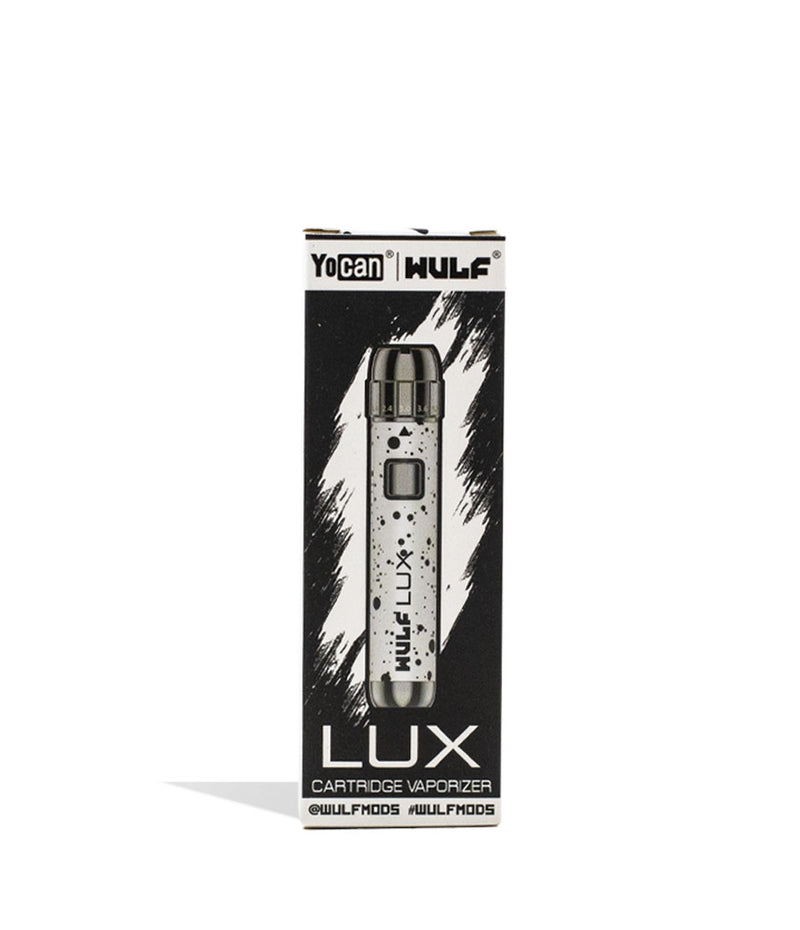 White Black Spatter Wulf Mods LUX Cartridge Vaporizer Packaging Front View on White Background