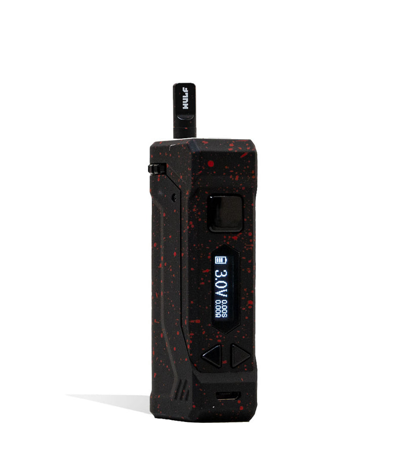 Black Red Spatter Wulf Mods UNI Pro Max Concentrate Kit Vaporizer With Tank Front View on White Background