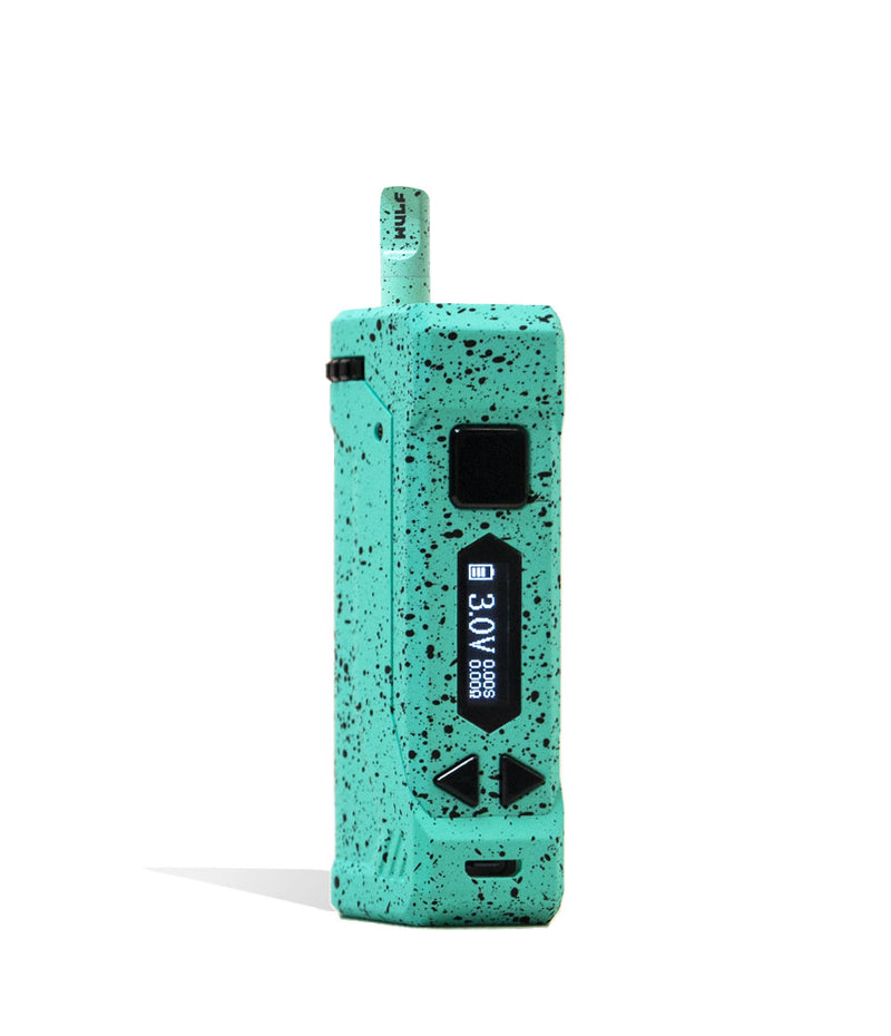 Teal Black Spatter Wulf Mods UNI Pro Max Concentrate Kit Vaporizer With Tank Front View on White Background