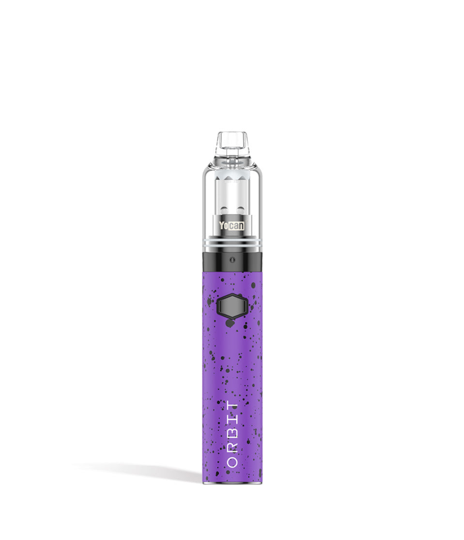 Purple Black Spatter front view Wulf Mods Orbit Concentrate Vaporizer on white studio background