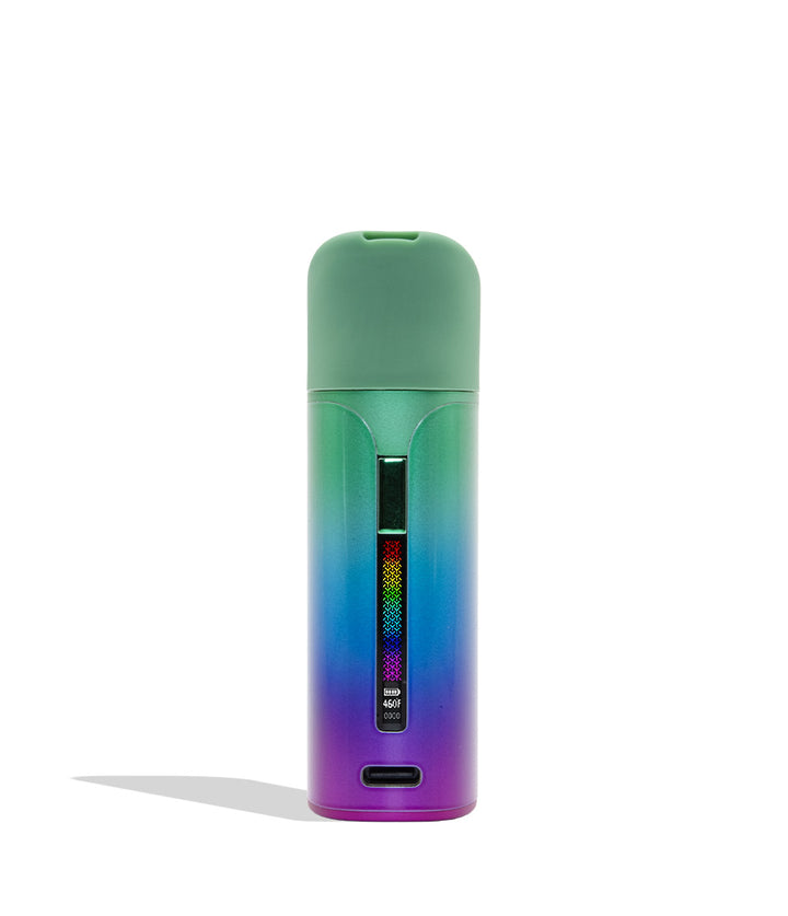 WULF MODS Pocket Mini portable concentrate vaporizer in full color gradient details, featuring a vertical rainbow LED indicator light on the side, shown against a plain white background. Front view