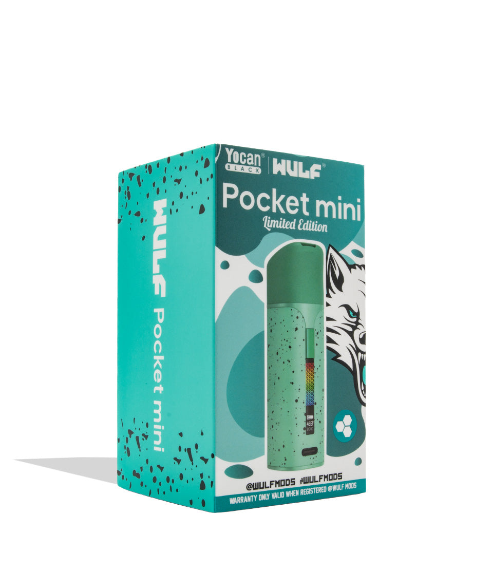 A boxed product on a clean white background. The package is a turquoise and teal retail box for the WULF Pocket mini limited edition, featuring a printed photo of a mint green speckled pocket device and a wolf illustration.