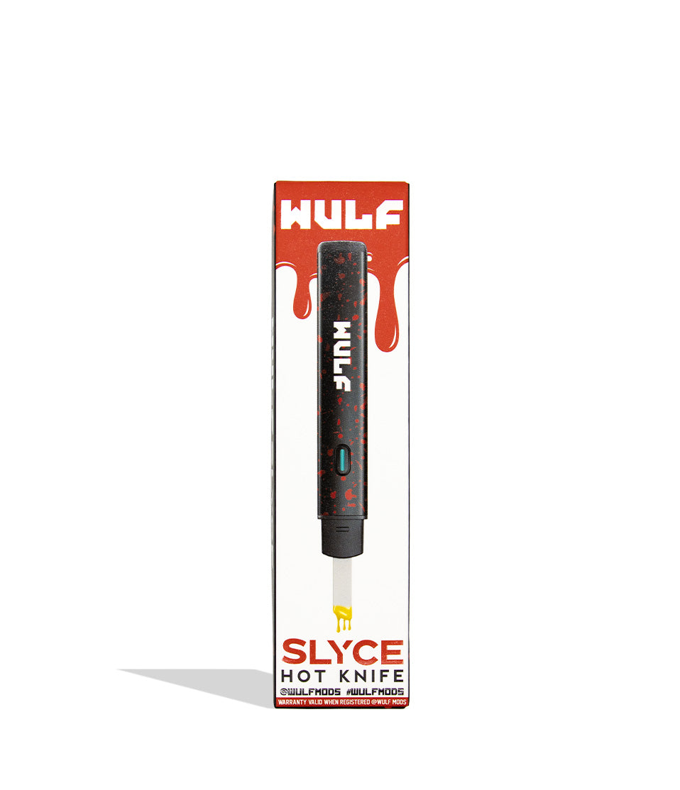 Wulf Slyce hot knife dab tool in tblack red spatter individual packaging on white background