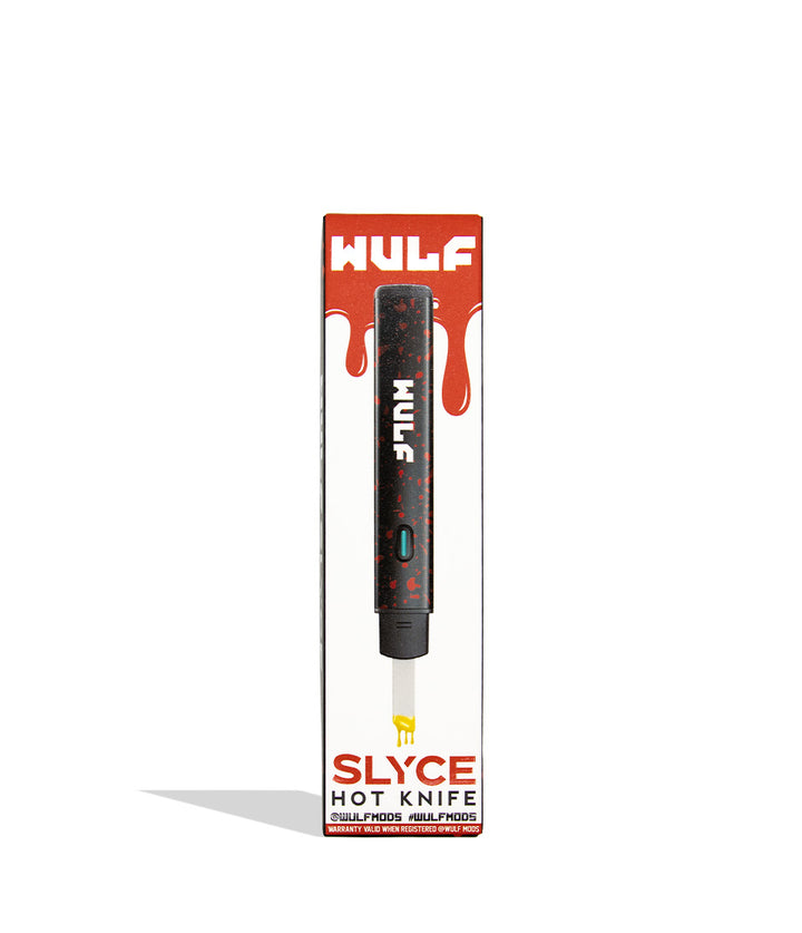 Wulf Slyce hot knife dab tool in tblack red spatter individual packaging on white background