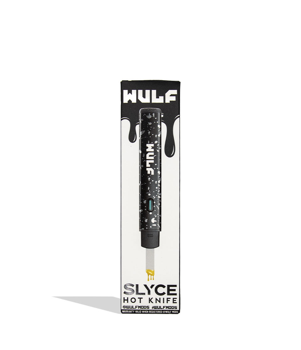 Wulf Slyce hot knife dab tool in black white spatter individual packaging on white background