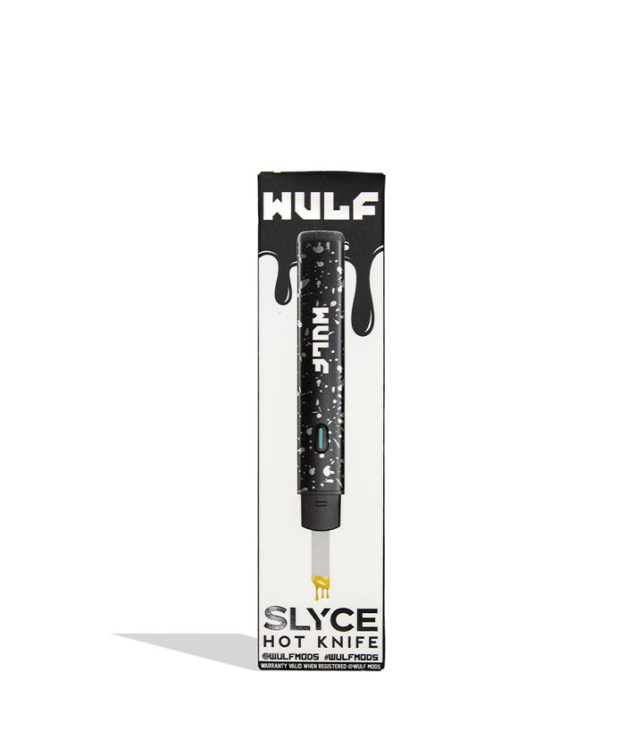 Wulf Slyce hot knife dab tool in black white spatter individual packaging on white background