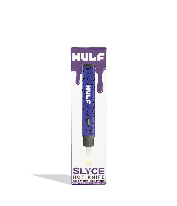 Wulf Slyce hot knife dab tool in purple black spatter individual packaging on white background