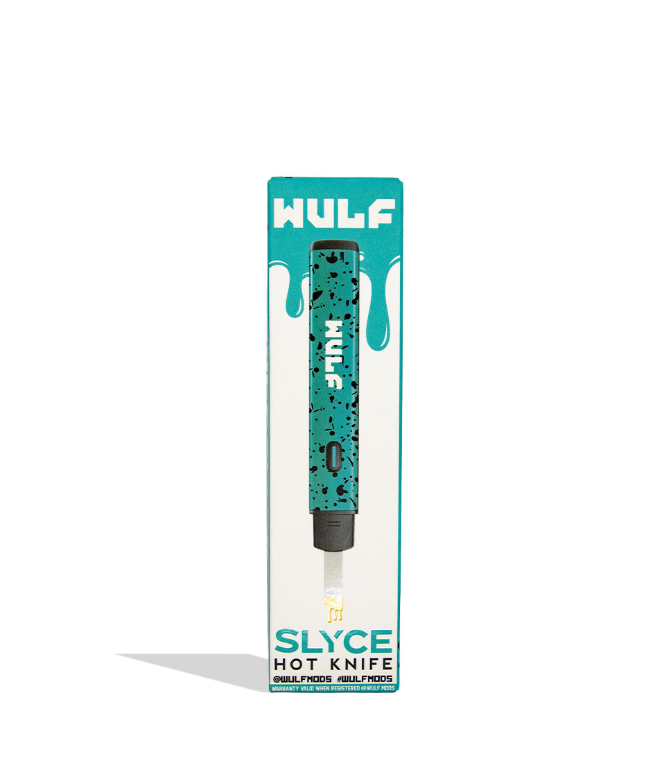 Wulf Slyce hot knife dab tool in teal black spatter individual packaging on white background