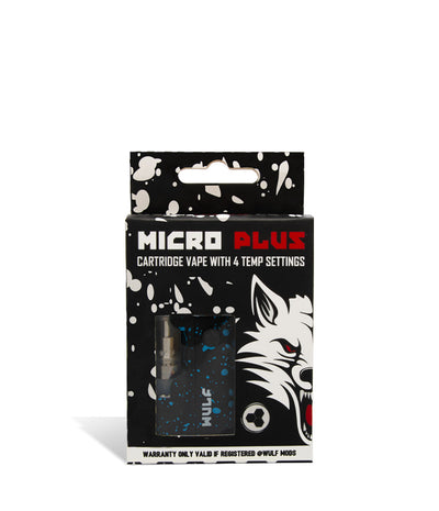 Black Blue Spatter Wulf Mods Micro Plus Cartridge Vaporizer Packaging on White Background