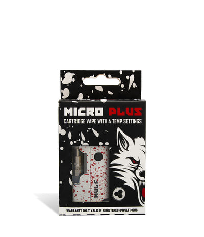 White Red Spatter Wulf Mods Micro Plus Cartridge Vaporizer Packaging on White Background
