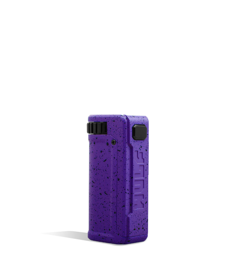 Purple Black Spatter Wulf Mods UNI S Adjustable Cartridge Vaporizer Front View on White Background