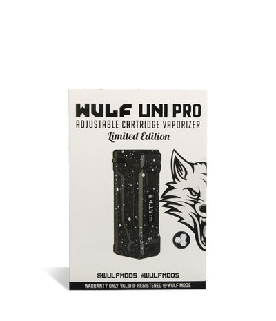 Black White Spatter Wulf Mods UNI Pro Adjustable Cartridge Vaporizer Packaging on White Background