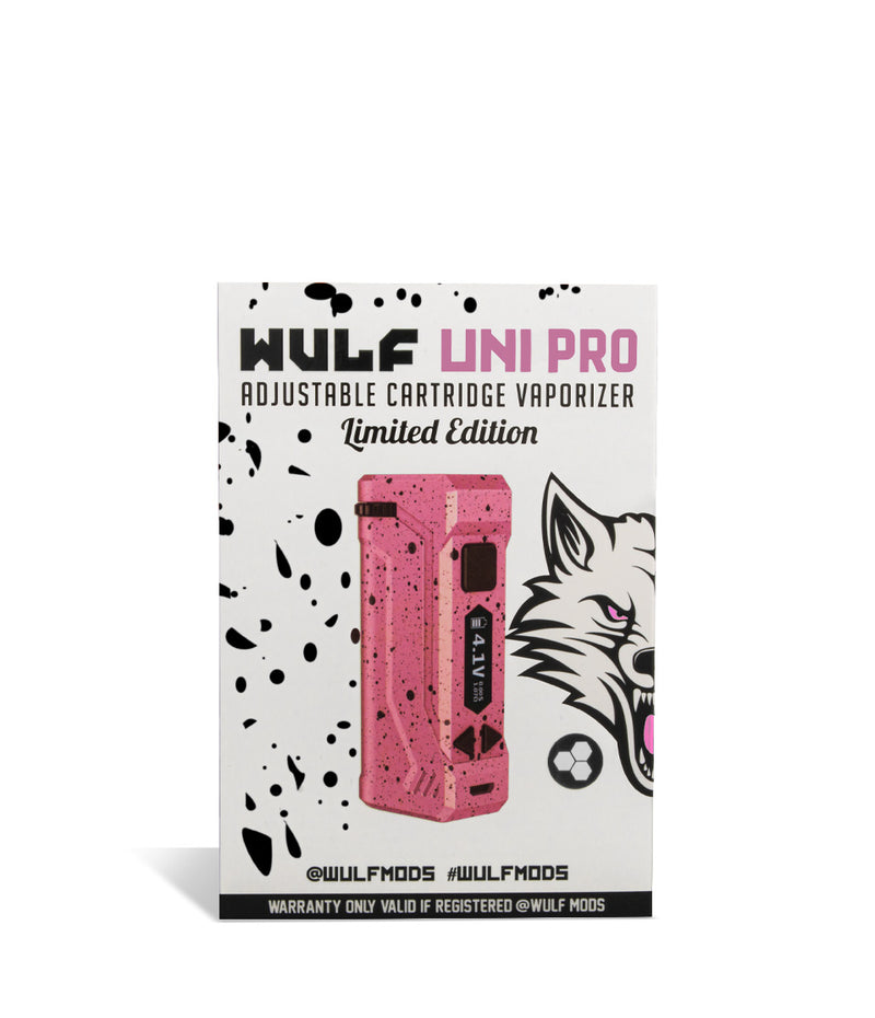 Pink Black Spatter Wulf Mods UNI Pro Adjustable Cartridge Vaporizer Packaging on White Background