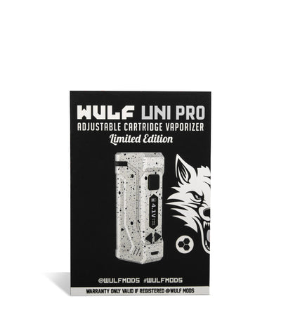 White Black Spatter Wulf Mods UNI Pro Adjustable Cartridge Vaporizer Packaging on White Background