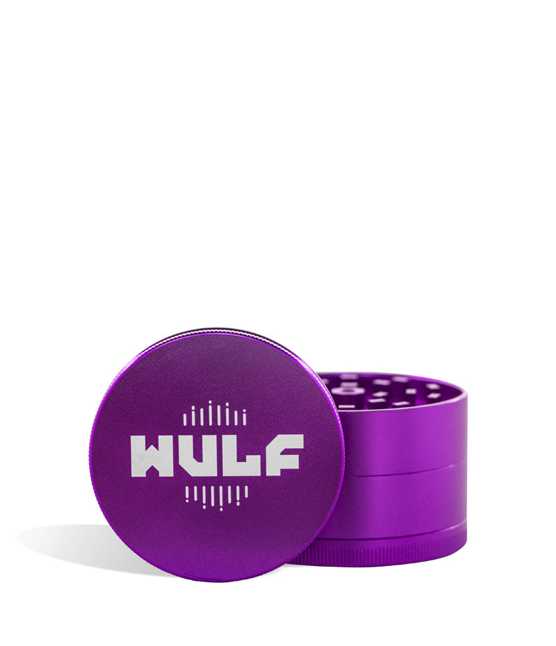 Purple Wulf Mods 65mm 4pc Grinder Front View on White Background