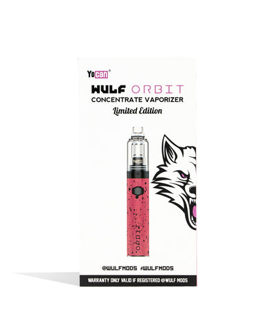 Pink Black Spatter front view Wulf Mods Orbit Concentrate Vaporizer Packaging on white studio background