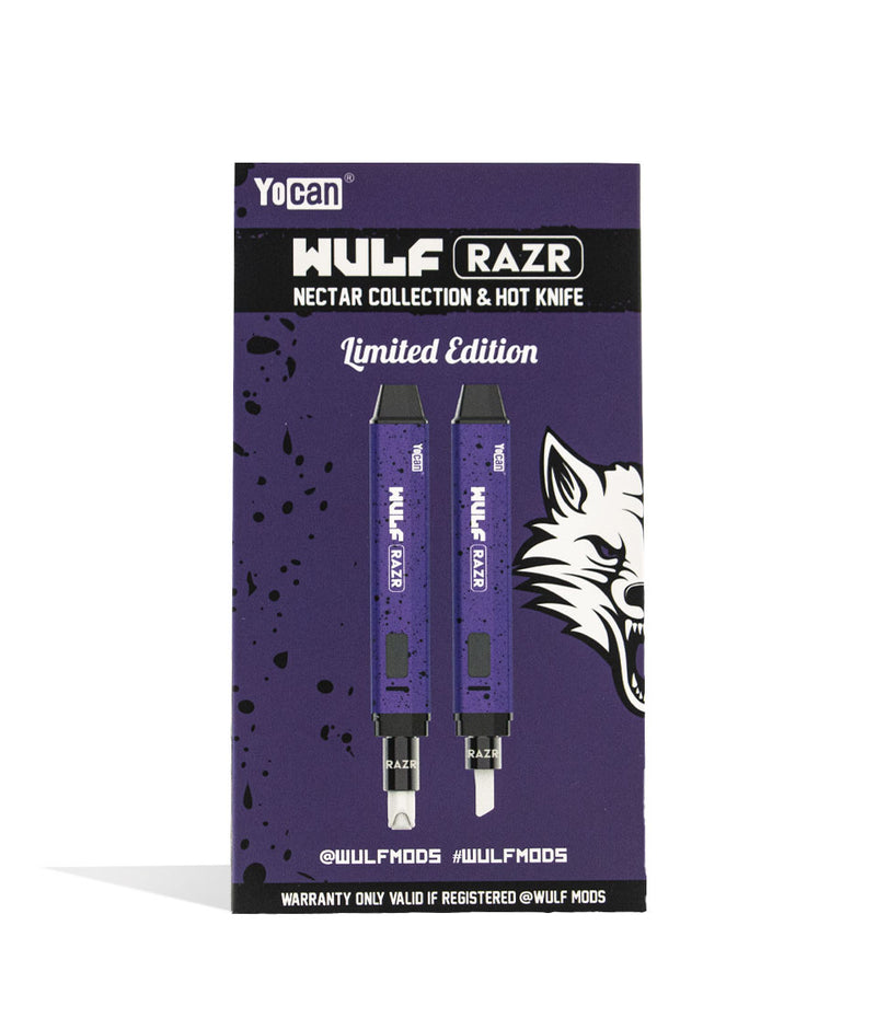 Purple Black Spatter Wulf Mods RAZR Nectar Collector and Hot Knife Packaging Front View on White Background
