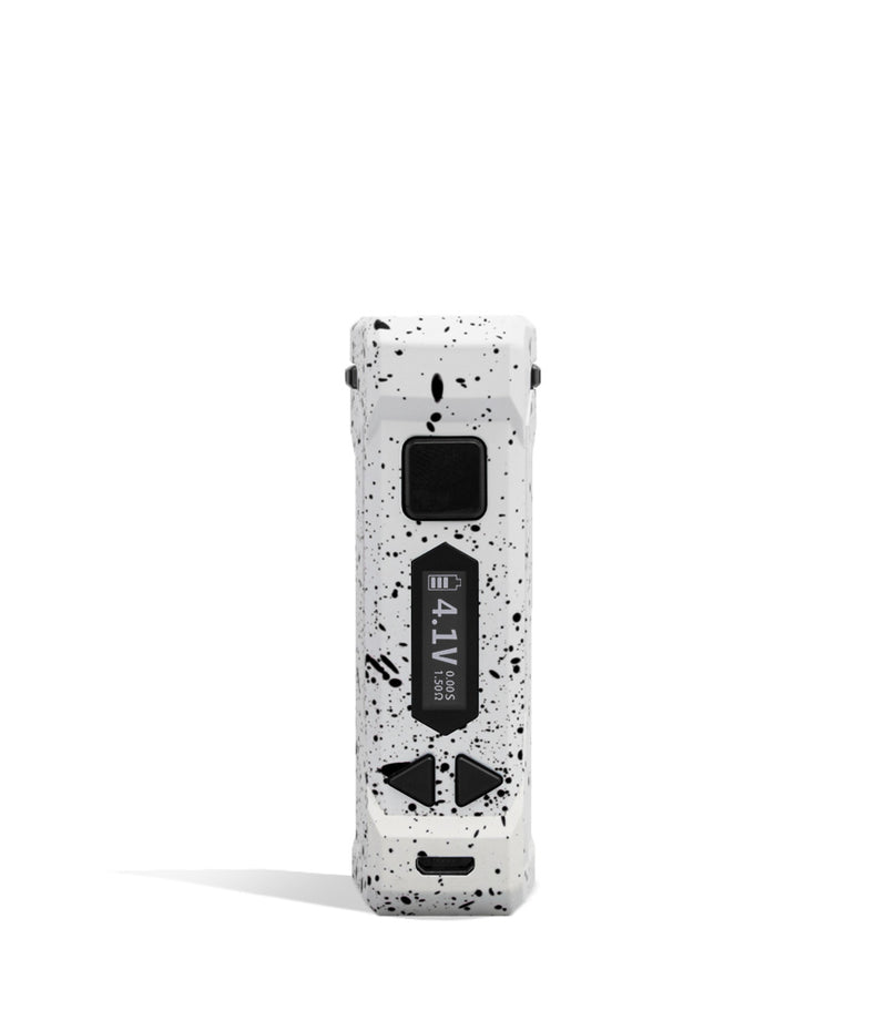 White Black Spatter Wulf Mods UNI Pro Adjustable Cartridge Vaporizer Face View on White Background