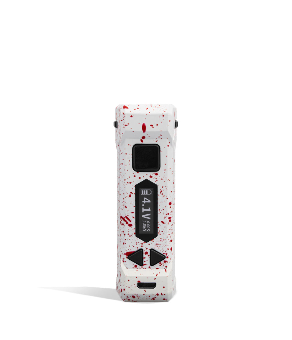 White Red Spatter Wulf Mods UNI Pro Adjustable Cartridge Vaporizer Face View on White Background