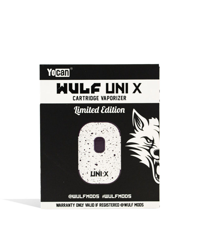 White Black Spatter Wulf Mods UNI X Cartridge Vaporizer Box on white background