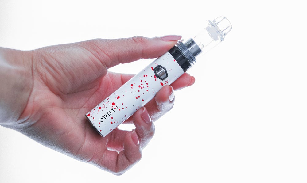 White Red Spatter Wulf Mods Orbit in front of white background