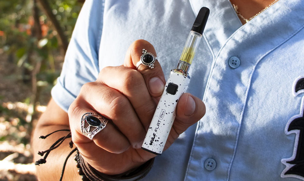 Man holding Wulf Flat Mini out near a park trail