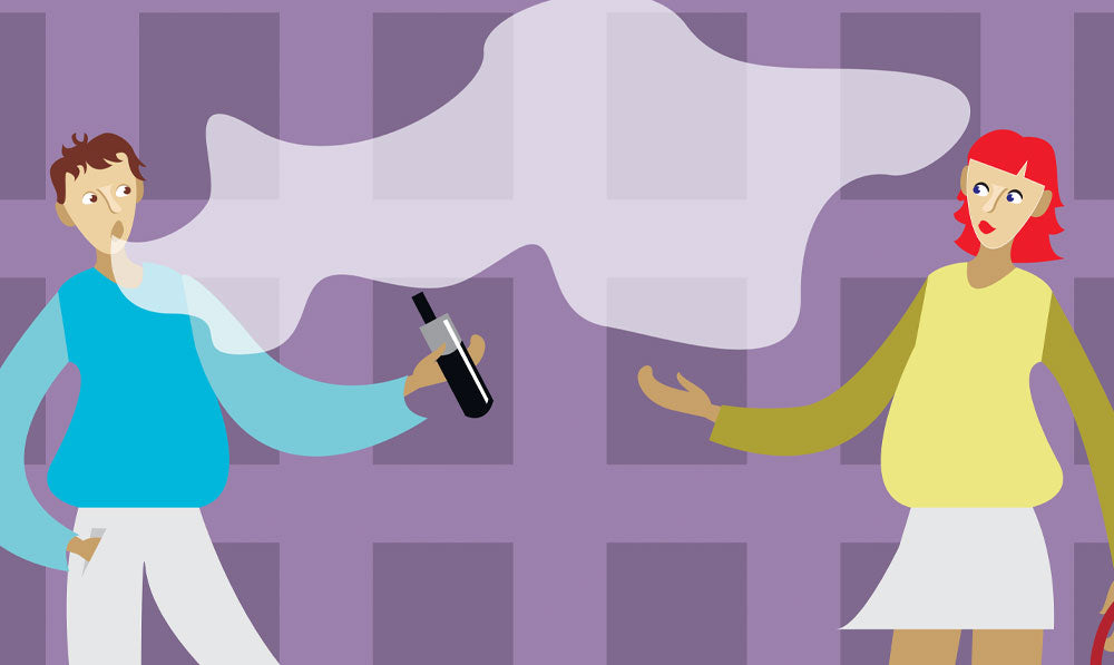 Illustration of two people sharing a vape in front of purple background