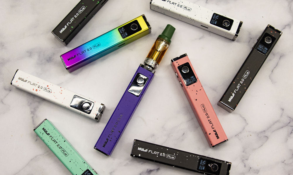 WULF Flat Plus 510 thread batteries in several colours arranged on a marble surface