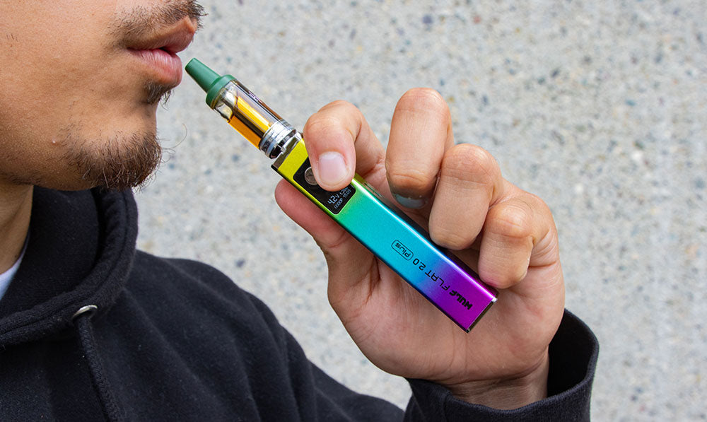 Person holding a rainbow WULF Flat Plus 510 thread battery with a cartridge attached