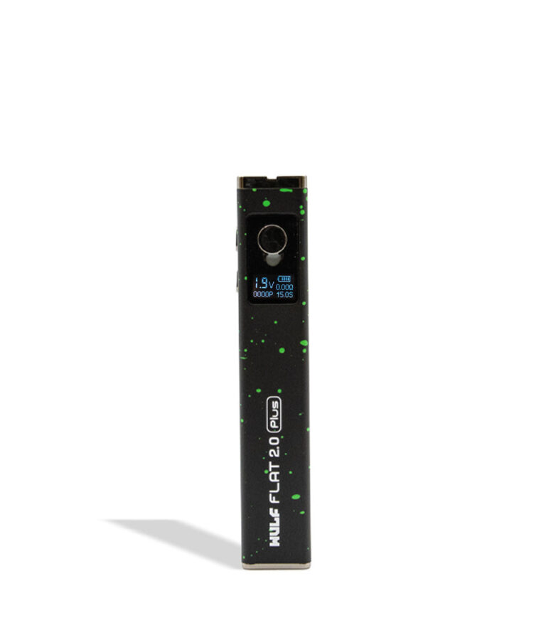 WULF Flat Plus 2.0 510 thread battery in black with green spatter, upright with the display lit