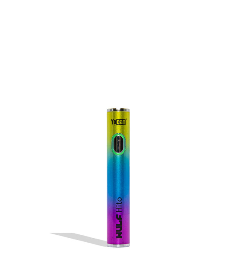 Yocan WULF Mods Hito vape device 510 battery with a glowing green power button, standing upright on a white background with a soft shadow. Full color.