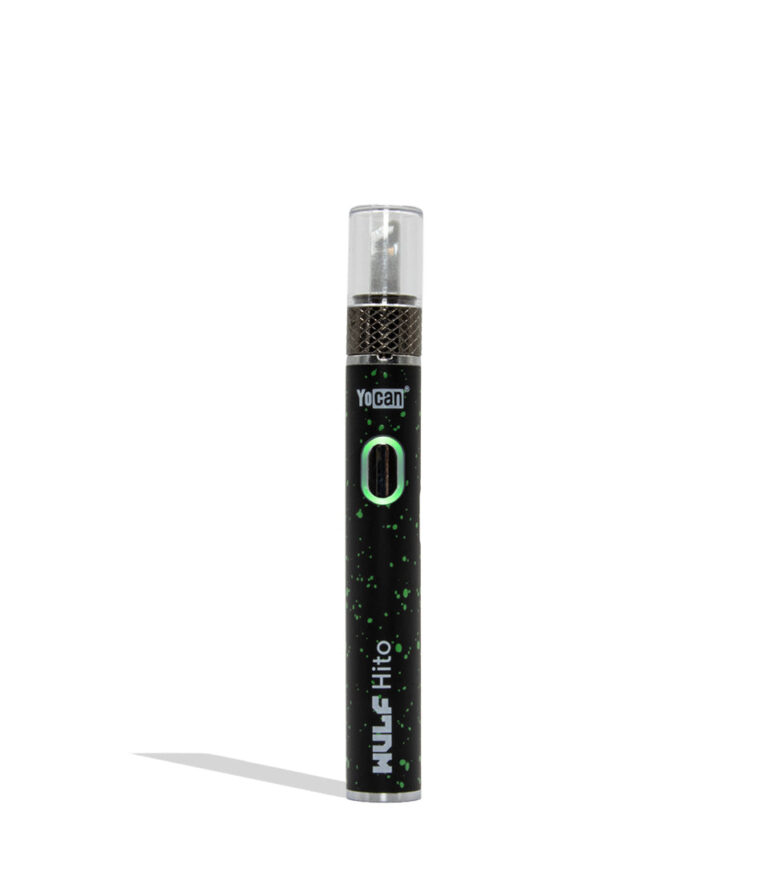 Yocan WULF Mods Hito Knife Kit device 510 battery with a glowing green power button, standing upright on a white background with a soft shadow. black green spatter