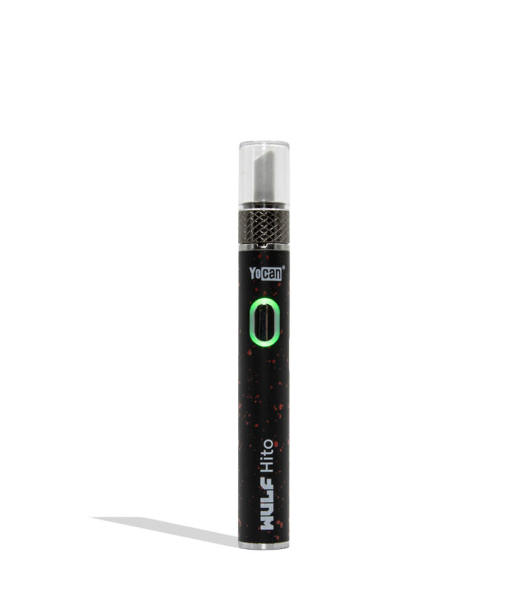 Yocan WULF Mods Hito Knife Kit device 510 battery with a glowing green power button, standing upright on a white background with a soft shadow. black red spatter