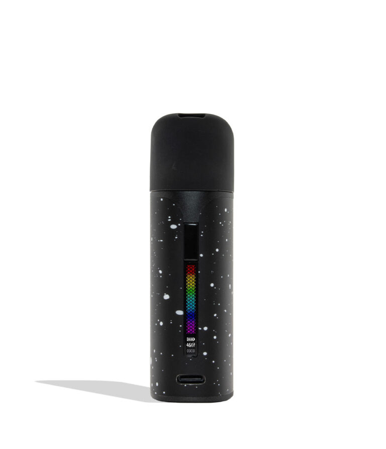 WULF MODS Pocket Mini concentrate vaporizer in black white spatter, featuring a vertical rainbow LED indicator light on the side, shown against a plain white background. Front view