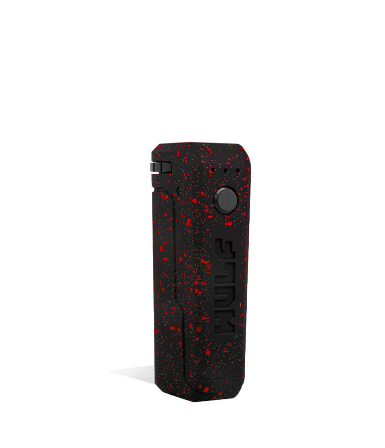Black Red Spatter Wulf Mods UNI Adjustable 510 Thread Battery Side View on White Background