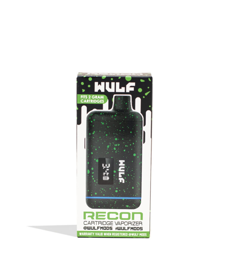 Black Green Spatter Wulf Mods Recon 510 Thread Battery Packaging Front View on White Background