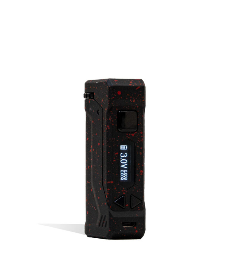 Black Red Spatter Wulf Mods UNI Pro Adjustable 510 Thread Battery Front View on White Background