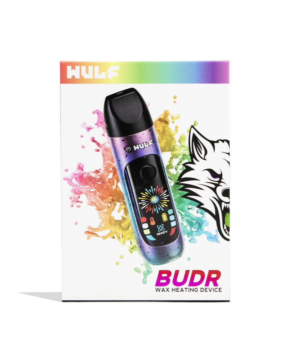 Full Color Spatter Wulf Mods Budr Portable Concentrate Vaporizer Packaging Front View on White Background