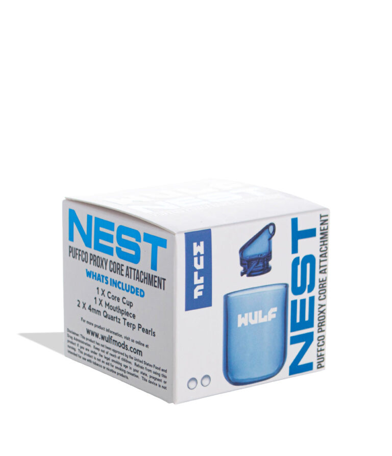 WULF Nest Puffco Proxy core attachment retail box in blue, side view
