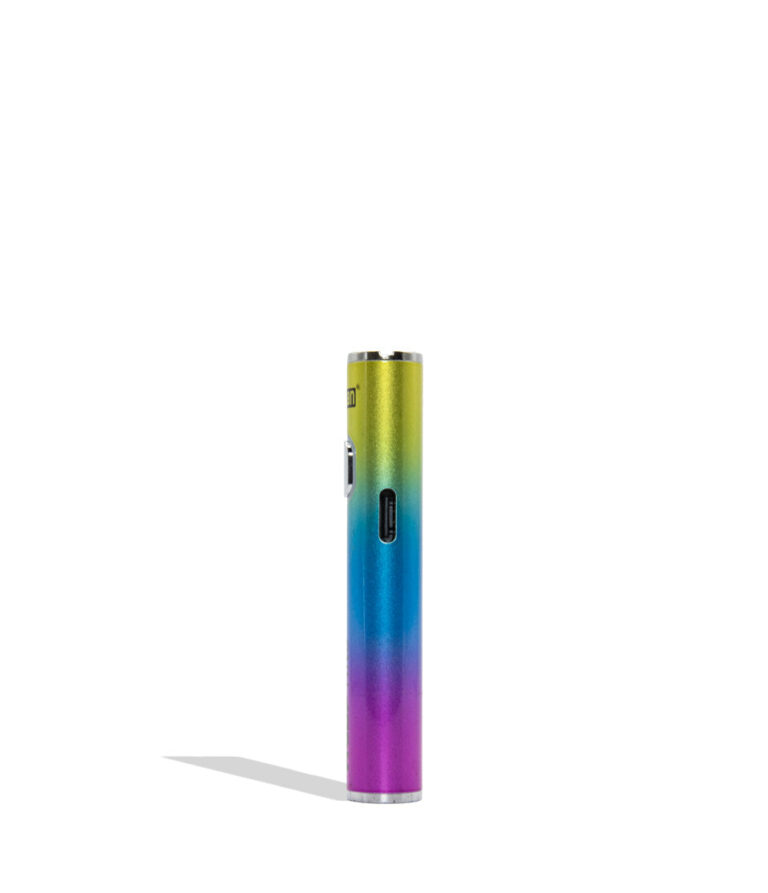 A slim cylindrical vape device with a metallic rainbow gradient transitioning from yellow-green to blue and purple, standing upright on a white background with a soft shadow.