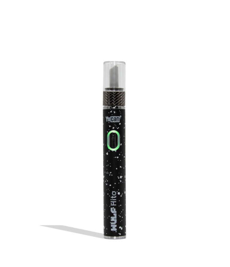 Yocan WULF Mods Hito Knife Kit device 510 battery with a glowing green power button, standing upright on a white background with a soft shadow. black white spatter

