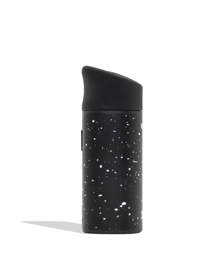 WULF MODS Pocket Mini concentrate vaporizer in black white spatter, featuring a vertical rainbow LED indicator light on the side, shown against a plain white background. Side View
