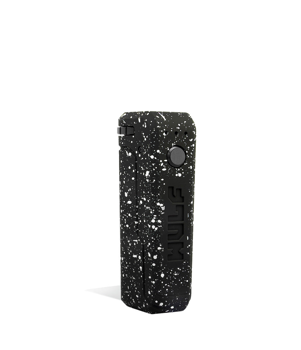 Black White Spatter Wulf Mods UNI Adjustable 510 Thread Battery Side View on White Background