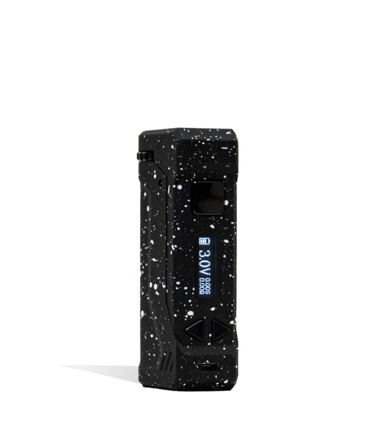 Black White Spatter Wulf Mods UNI Pro Adjustable 510 Thread Battery Front View on White Background