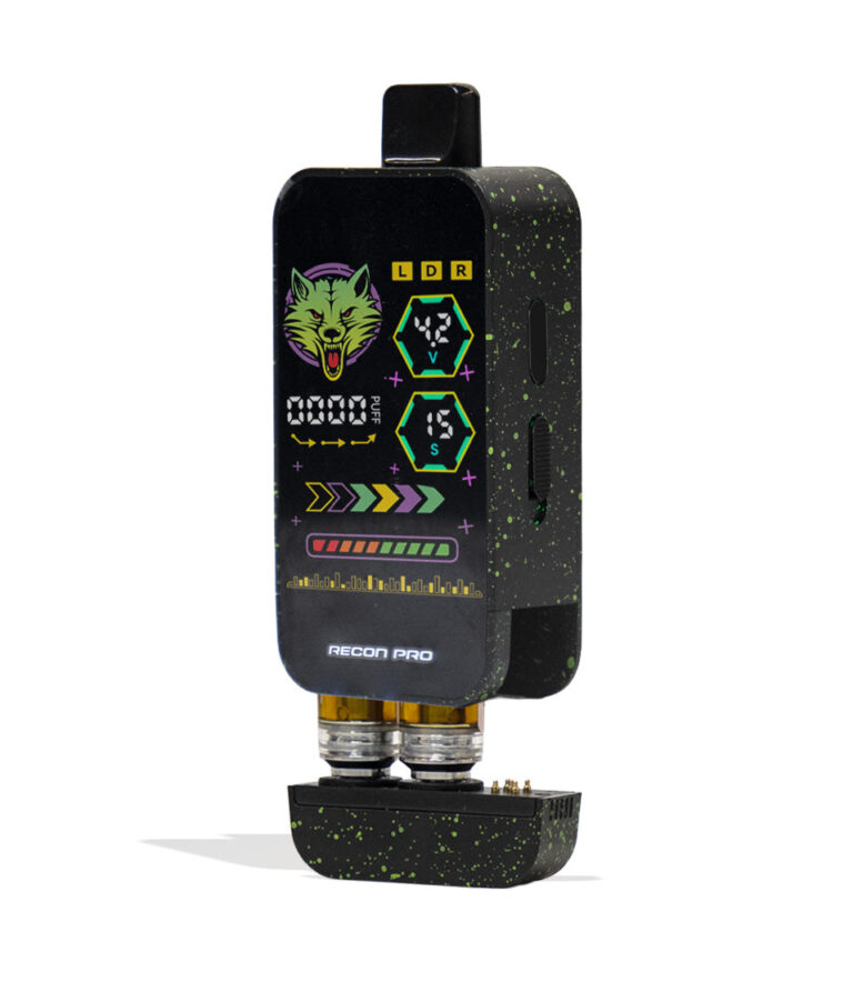 Black Green Spatter Wulf Mods Recon Pro Dual 510 Voltage Battery Apart View on White Background