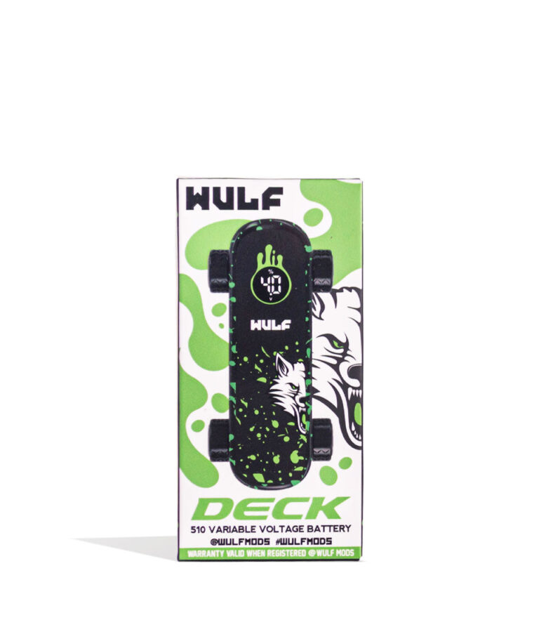 Black Green Spatter Wulf Mods Deck Skateboard Voltage Battery Packaging Front View on White Background