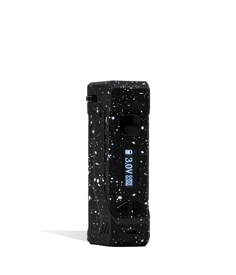 Black White Spatter Wulf Mods UNI Pro Adjustable 510 Thread Battery Front View on White Background