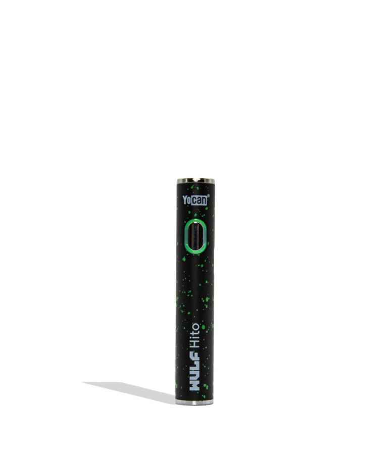 Yocan WULF Mods Hito vape device 510 battery with a glowing green power button, standing upright on a white background with a soft shadow. Black green spatter color.